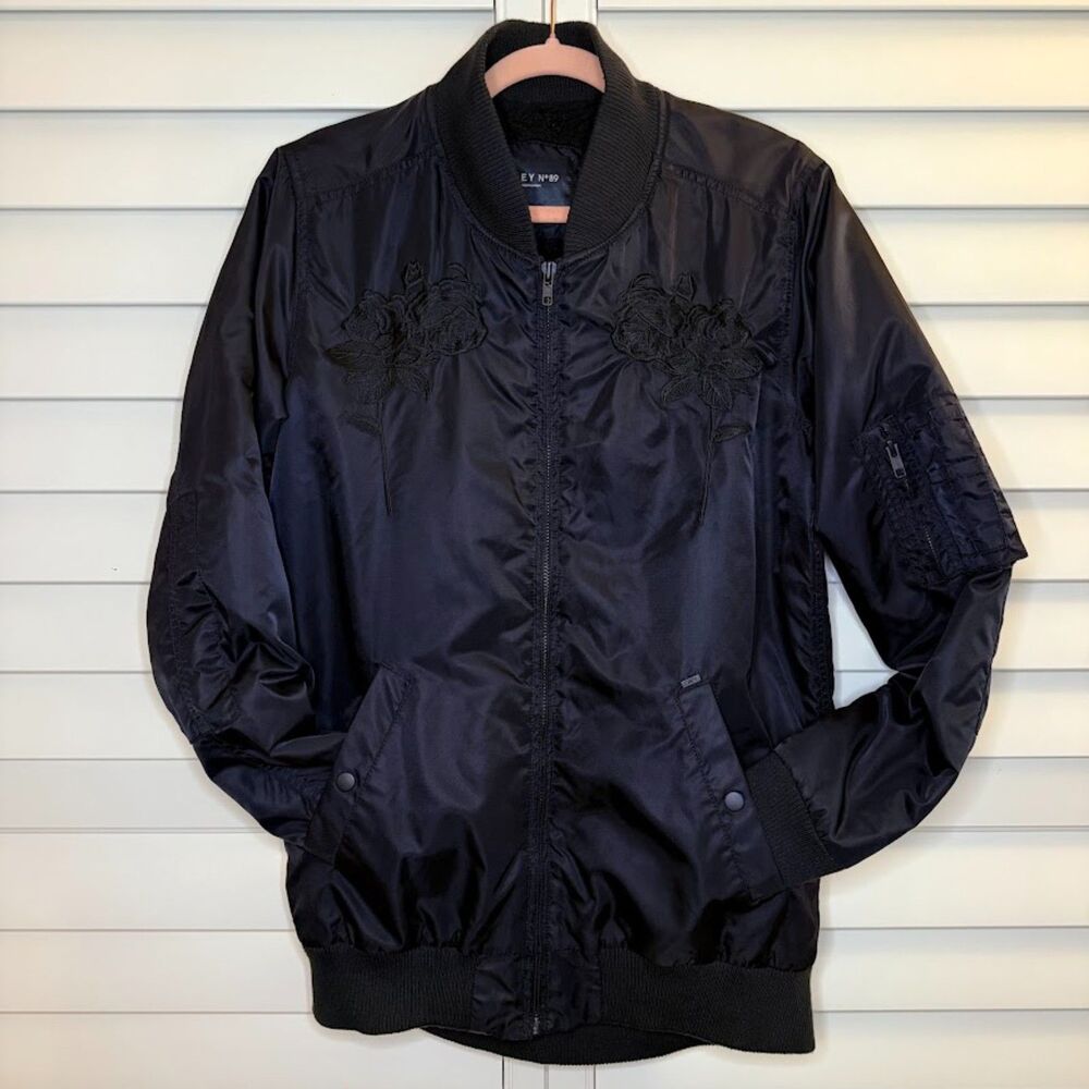 Obey Rose Embroidery Fleece-Lined Longline Black Bomber Jacket size M - Picture 2 of 12